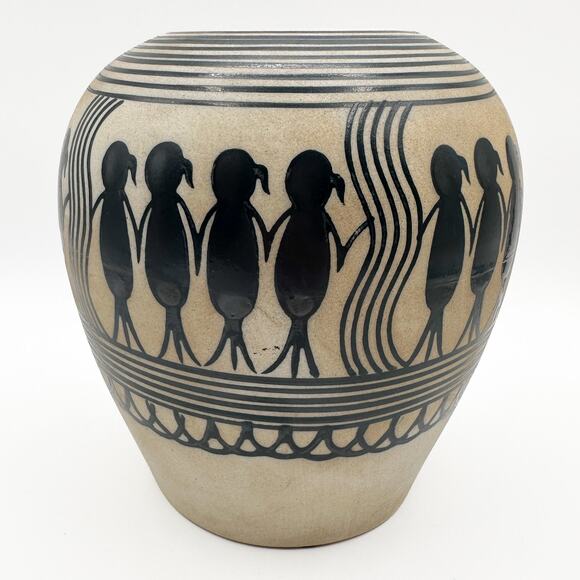 Saura or Warli Indian Tribal Folk Art Black Cream Ceramic Vase Urn w Children - Picture 5 of 13